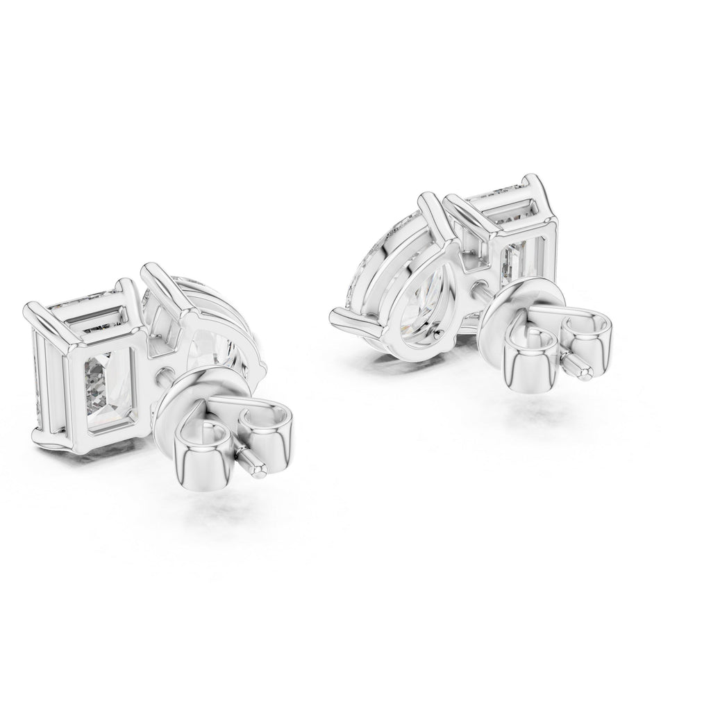 Heart & Emerald-Cut Moissanite Toi et Moi Stud Earrings – 925 Sterling Silver, 18K Gold Vermeil