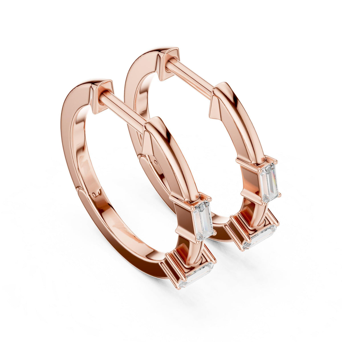 Baguette Moissanite Station Hoop Earrings – 925 Sterling Silver, 18K Gold Vermeil