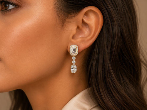 Emerald-Cut Halo Moissanite Drop Earrings – 925 Sterling Silver, 18K Gold Vermeil