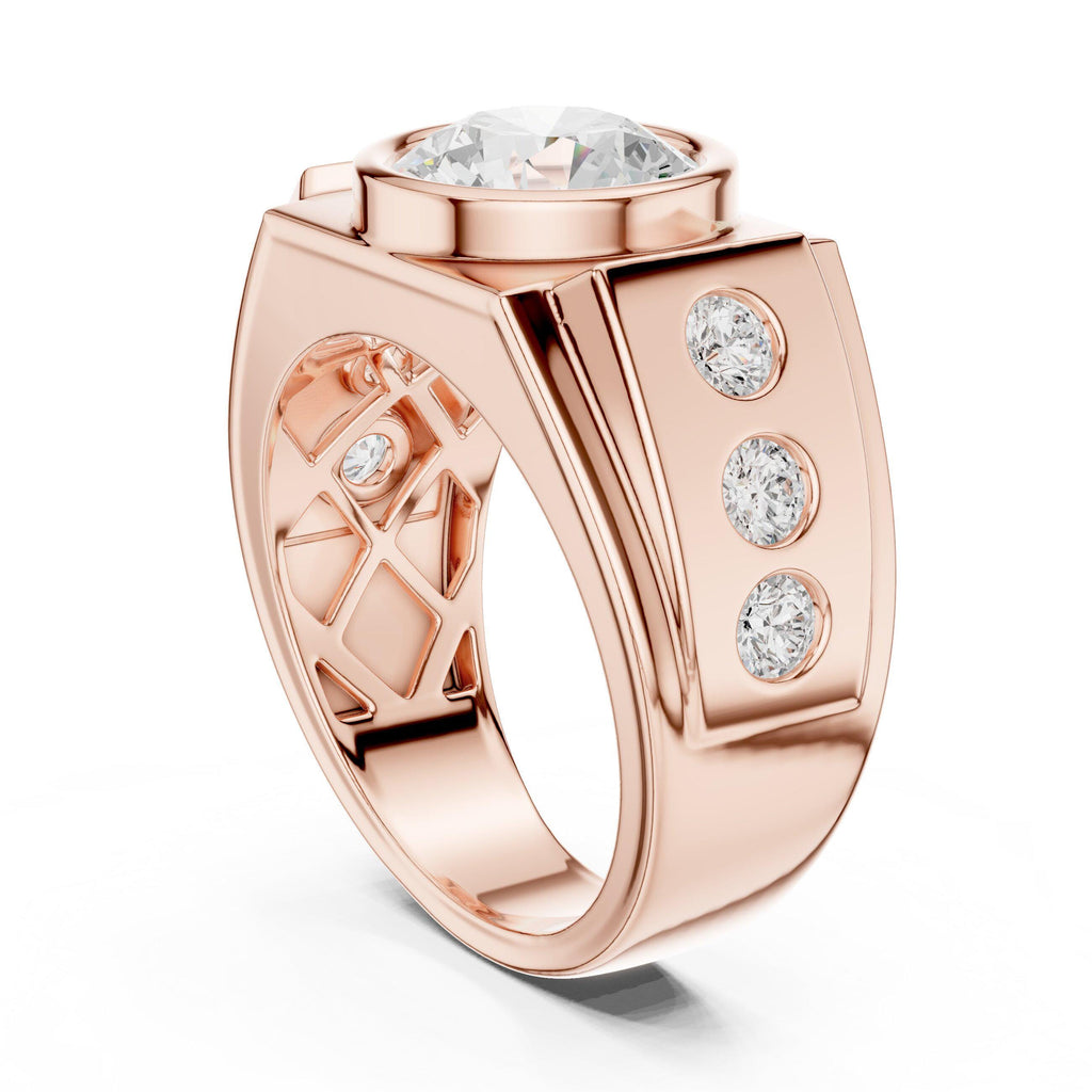 Men's Round Bezel-Set Moissanite Signet Ring with Side Stones – 925 Sterling Silver, 18K Gold Vermeil