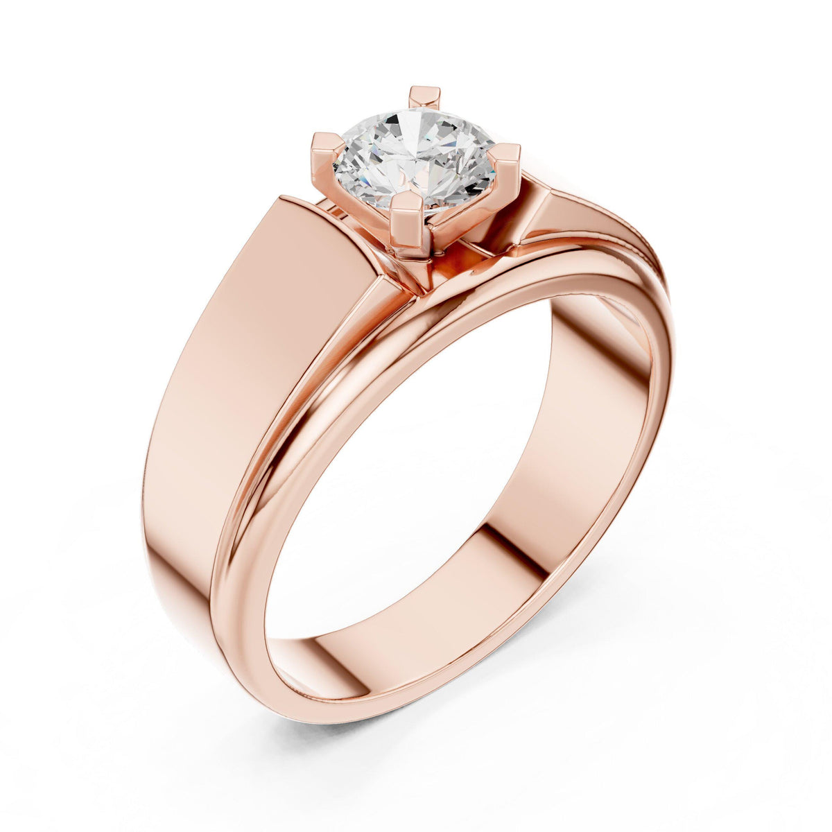 Men's Round Moissanite Four-Prong Ring, Wide Flat Band – 925 Sterling Silver, 18K Gold Vermeil