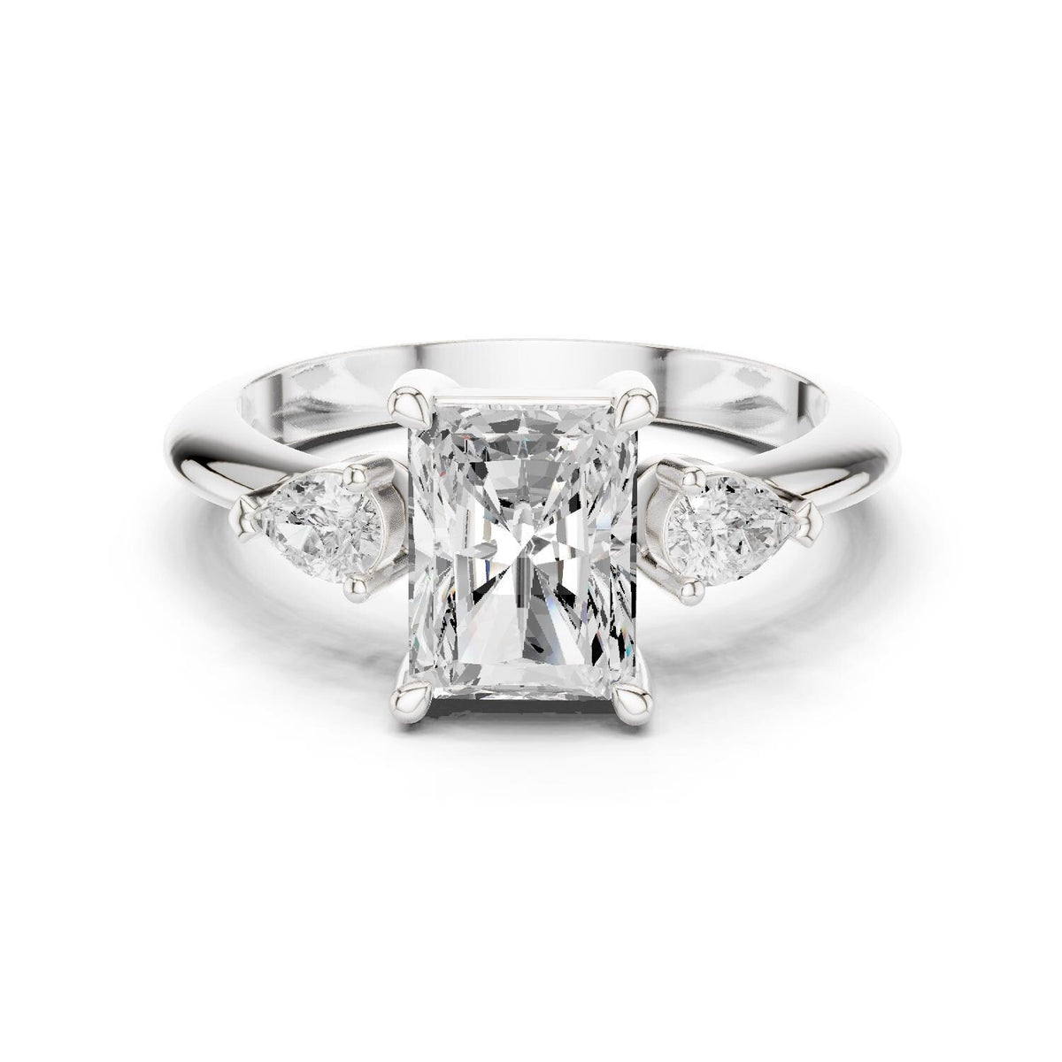 Radiant-Cut Moissanite Three-Stone Ring with Pear Side Stones – 925 Sterling Silver, 18K Gold Vermeil