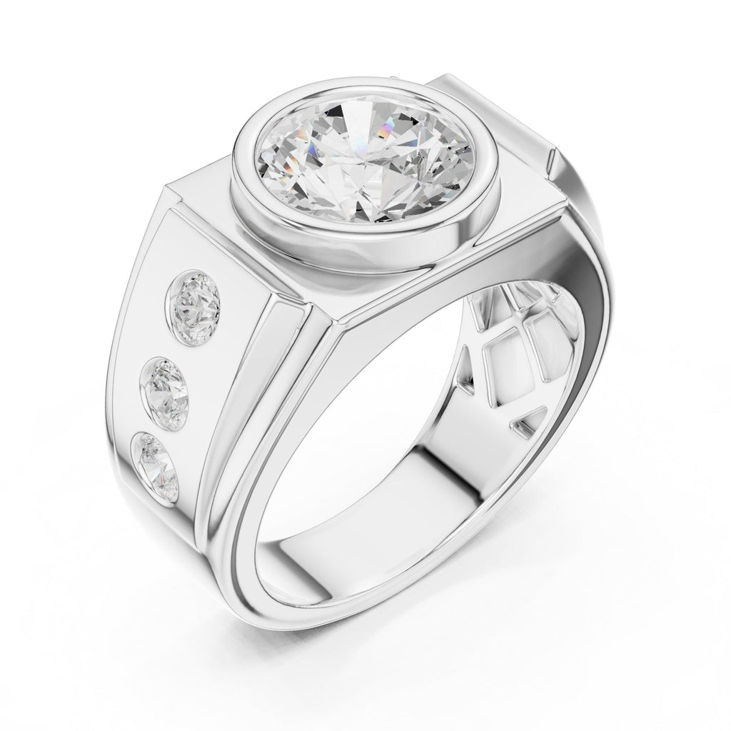 Men's Round Bezel-Set Moissanite Signet Ring with Side Stones – 925 Sterling Silver, 18K Gold Vermeil
