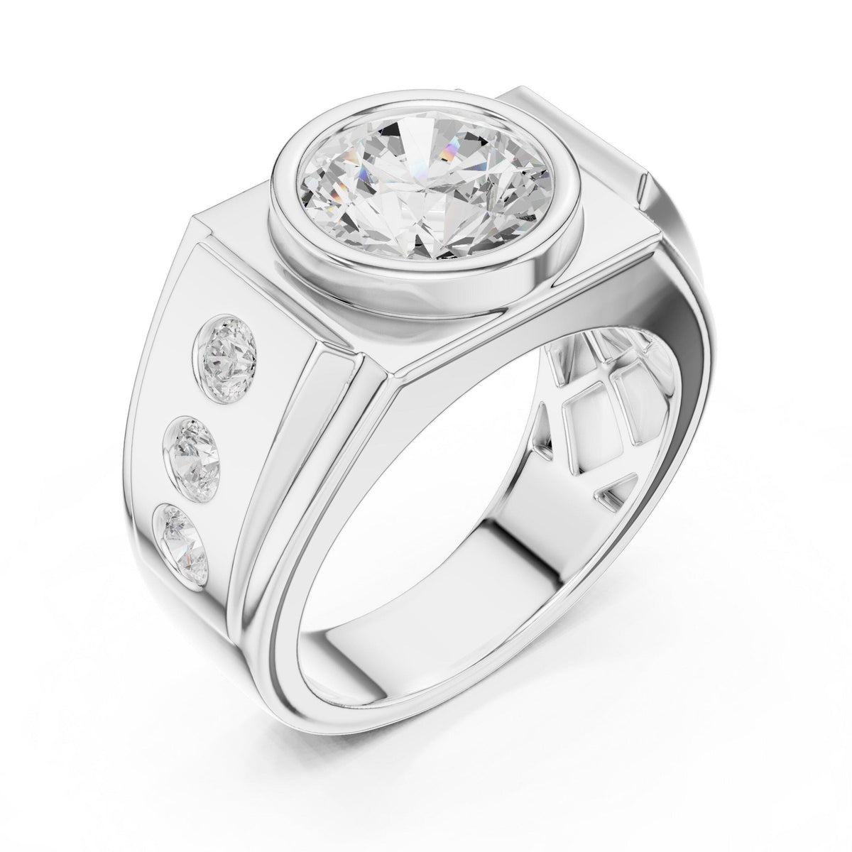 Men's Round Bezel-Set Moissanite Signet Ring with Side Stones – 925 Sterling Silver, 18K Gold Vermeil