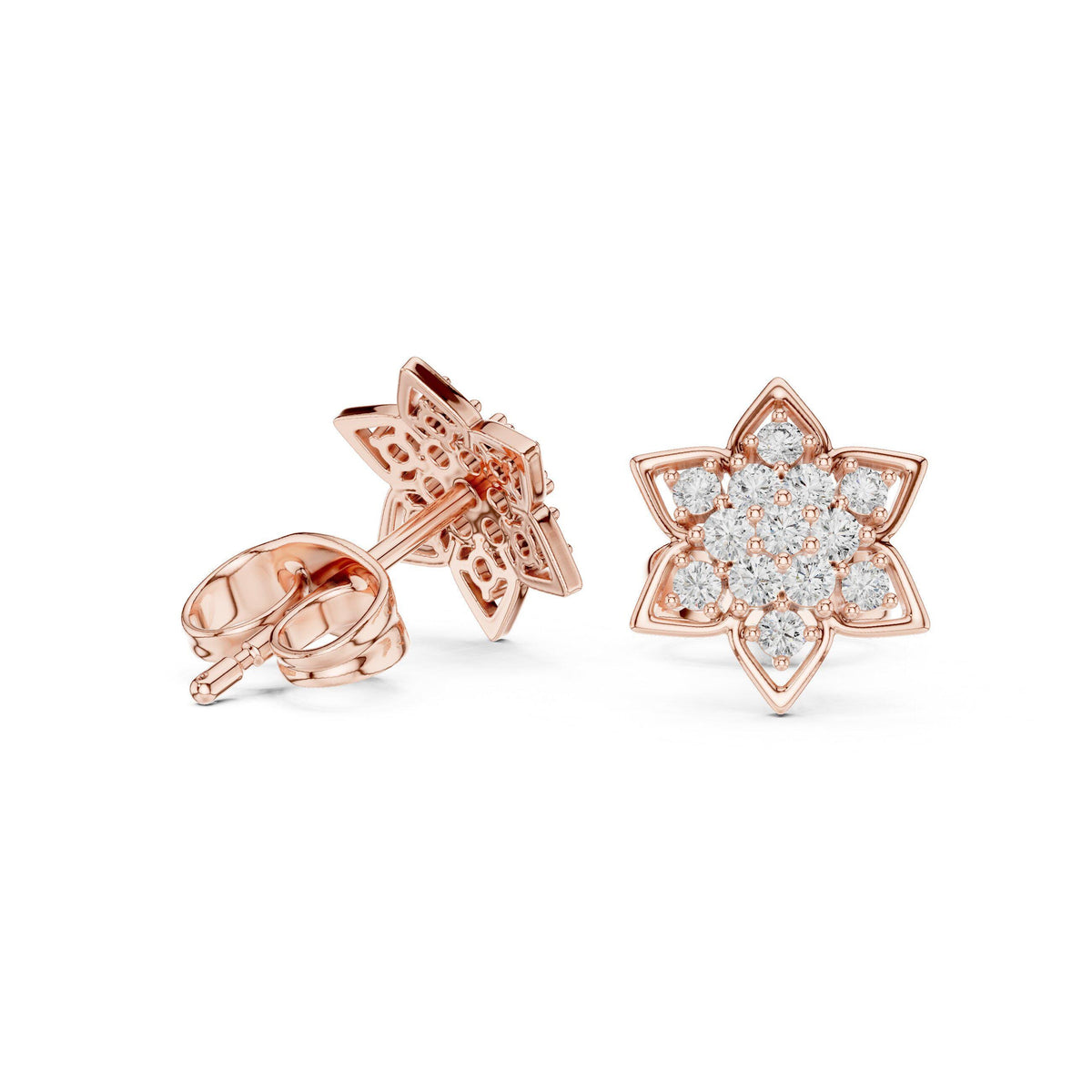 Moissanite Pavé Star Flower Stud Earrings – 925 Sterling Silver, 18K Gold Vermeil
