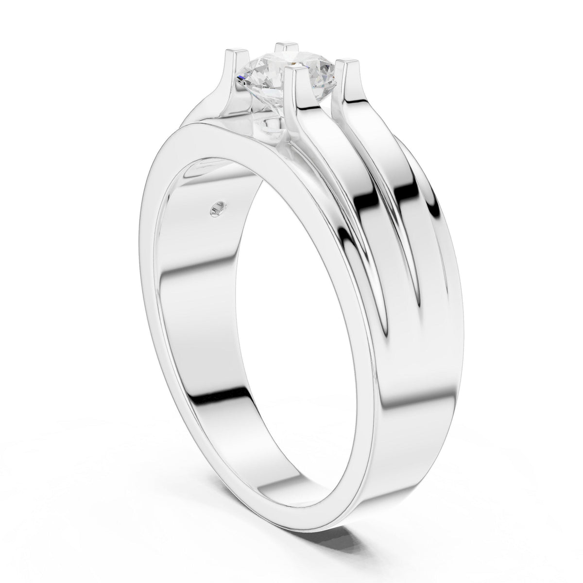 Men's Round Moissanite Ring, Double-Groove Band – 925 Sterling Silver, 18K Gold Vermeil