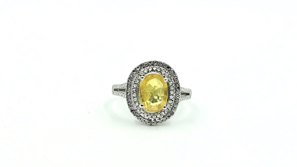 Oval Yellow Sapphire Double-Halo Diamond Ring – 925 Sterling Silver, 18K White Gold Vermeil