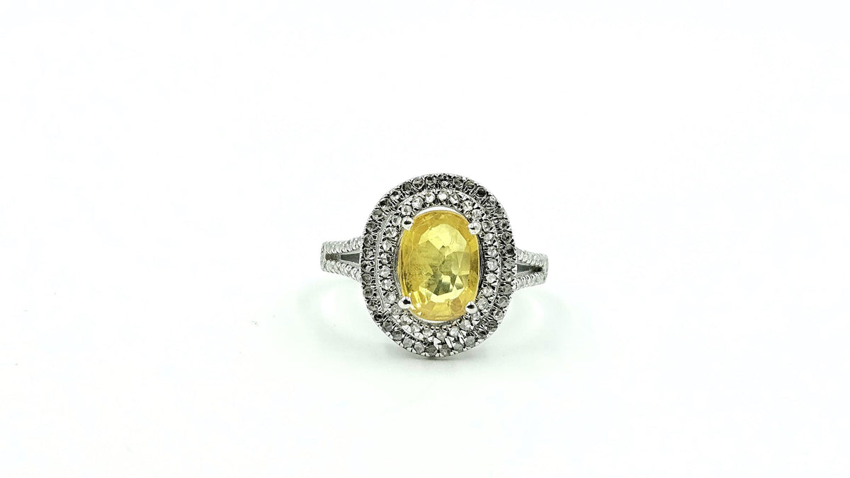 Oval Yellow Sapphire Double-Halo Diamond Ring – 925 Sterling Silver, 18K White Gold Vermeil