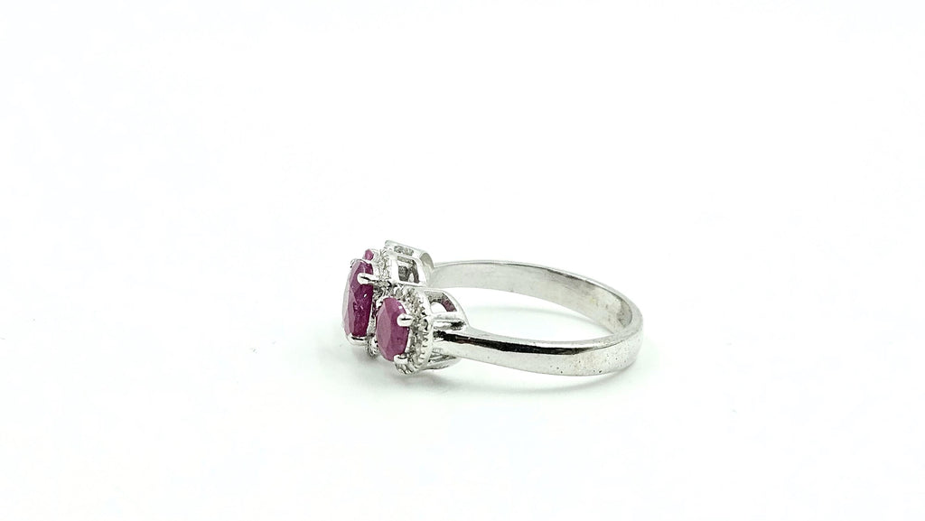 Three-Stone Oval Ruby & Diamond Halo Ring – 925 Sterling Silver, 18K White Gold Vermeil