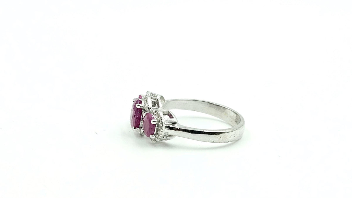 Three-Stone Oval Ruby & Diamond Halo Ring – 925 Sterling Silver, 18K White Gold Vermeil