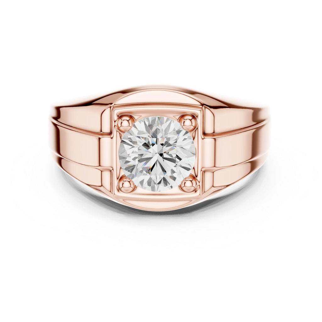 Men's Round Moissanite Signet Ring with Stepped Shoulders – 925 Sterling Silver, 18K Gold Vermeil