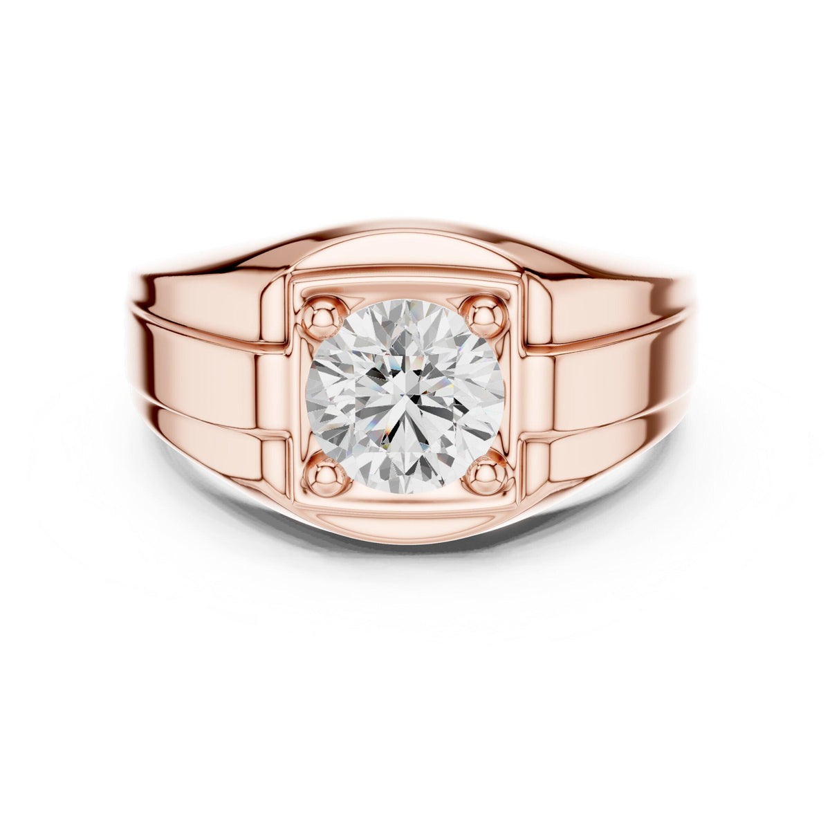 Men's Round Moissanite Signet Ring with Stepped Shoulders – 925 Sterling Silver, 18K Gold Vermeil