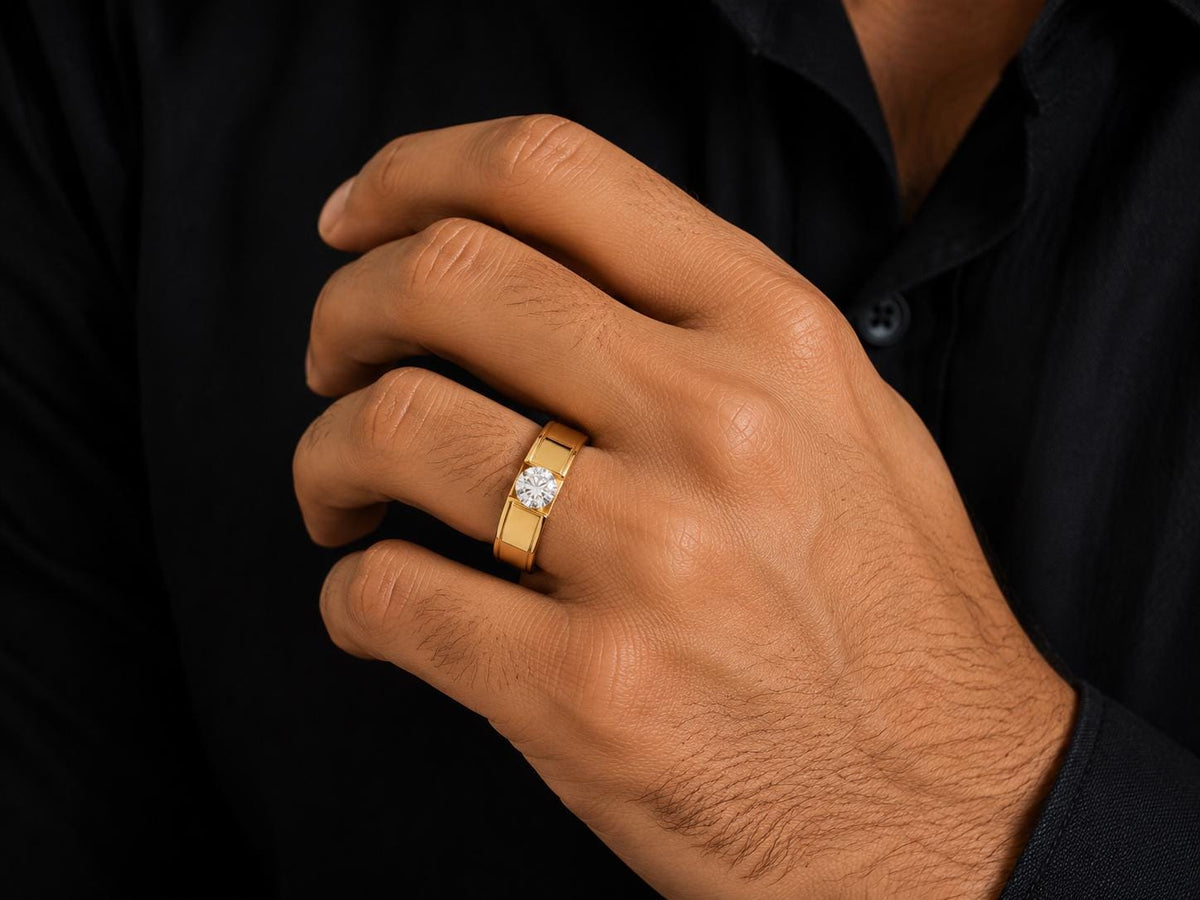Men's 6mm Round Moissanite Ring, Modern Band – 925 Sterling Silver, 18K Gold Vermeil