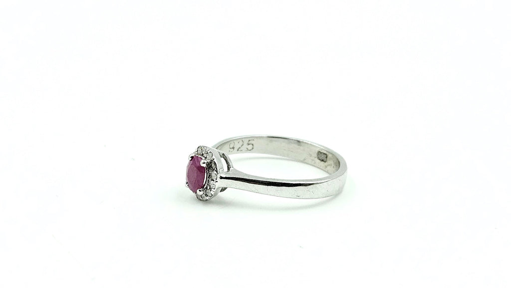 Oval Ruby Diamond-Halo Ring – 925 Sterling Silver, 18K White Gold Vermeil