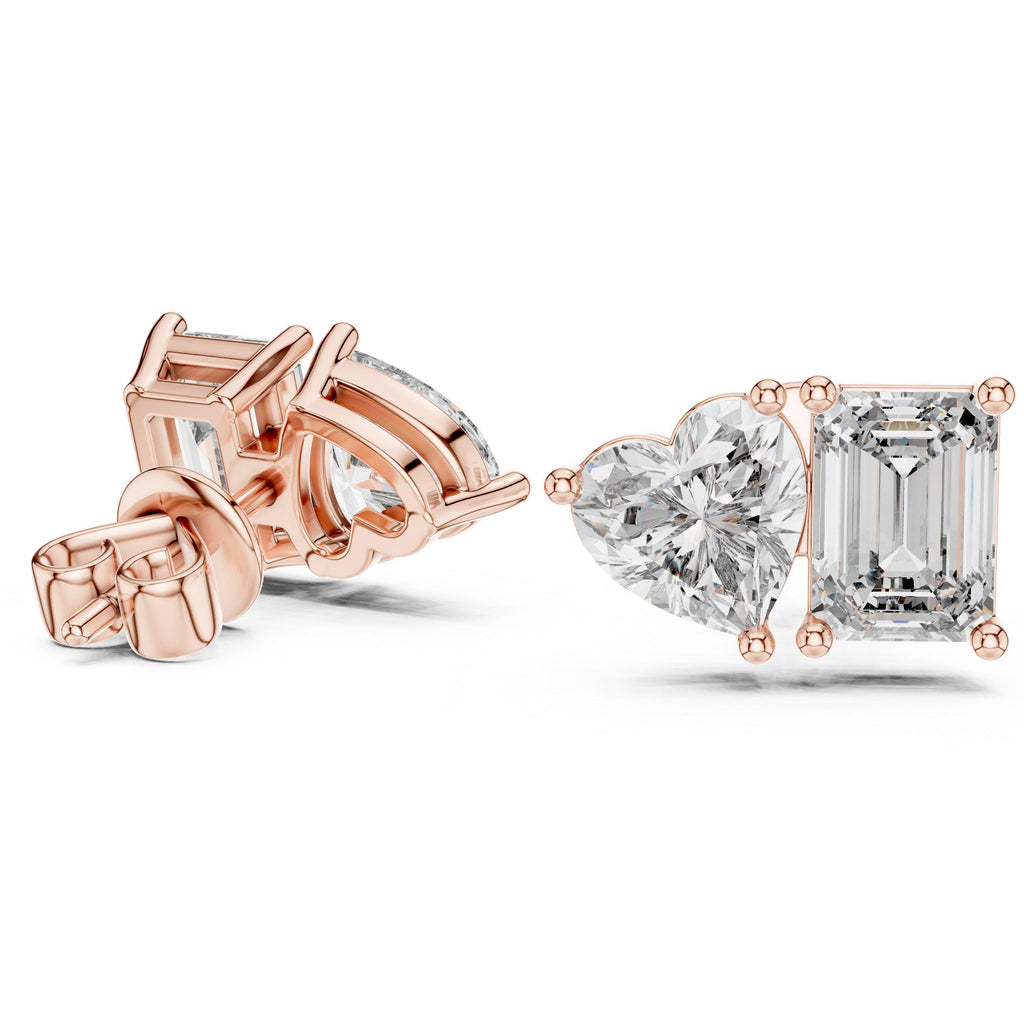 Heart & Emerald-Cut Moissanite Toi et Moi Stud Earrings – 925 Sterling Silver, 18K Gold Vermeil