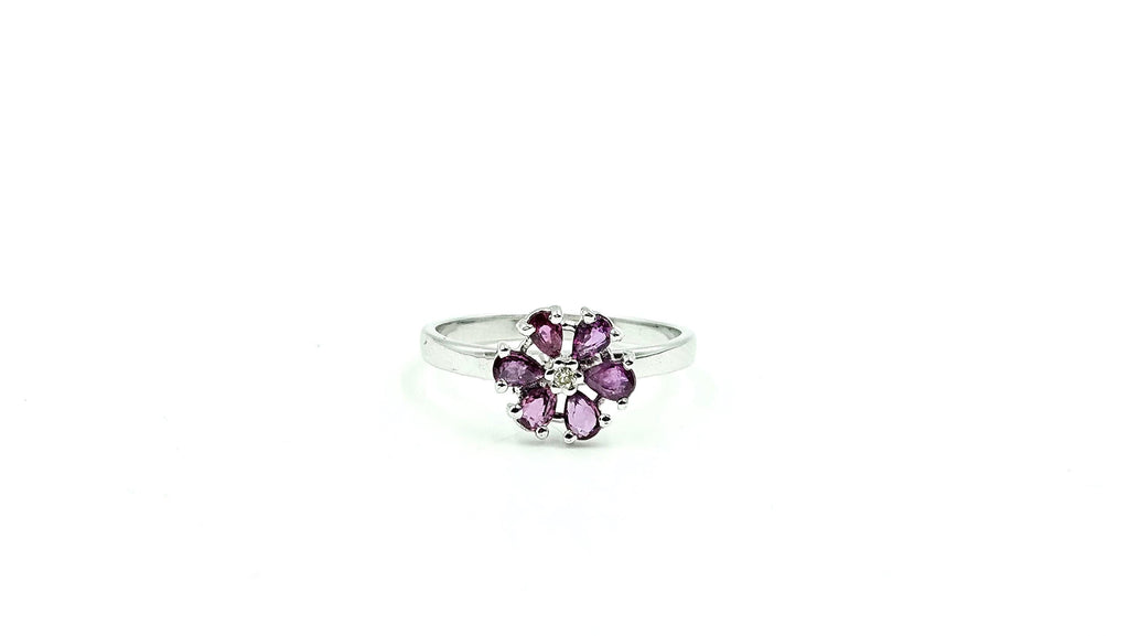 Pear Ruby Flower Ring with Diamond Centre – 925 Sterling Silver, 18K White Gold Vermeil