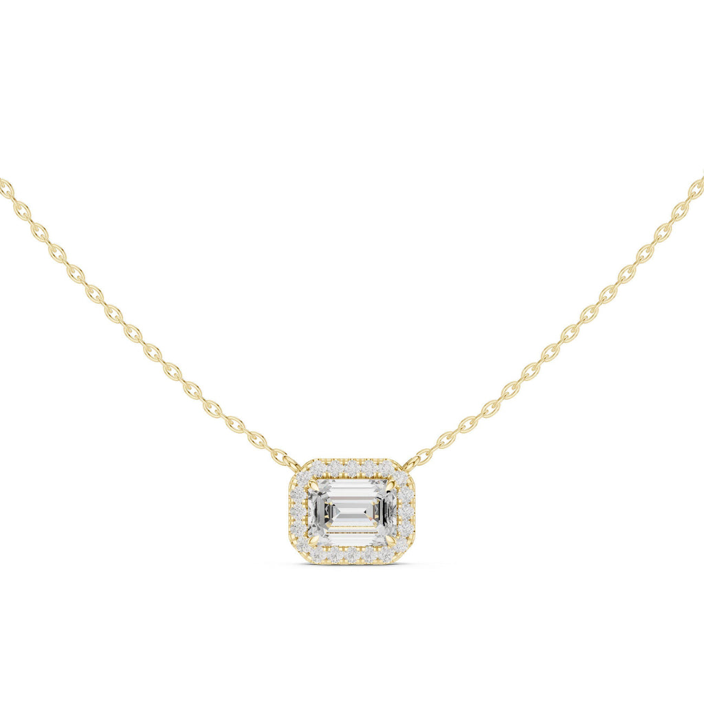Emerald-Cut Moissanite East-West Halo Necklace – 925 Sterling Silver, 18K Gold Vermeil