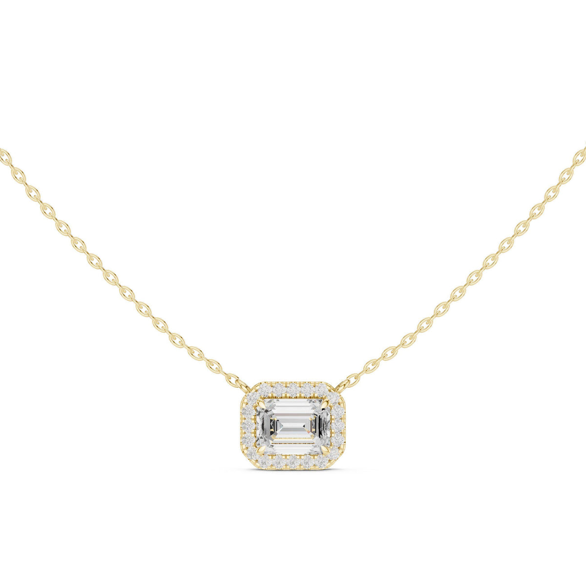Emerald-Cut Moissanite East-West Halo Necklace – 925 Sterling Silver, 18K Gold Vermeil