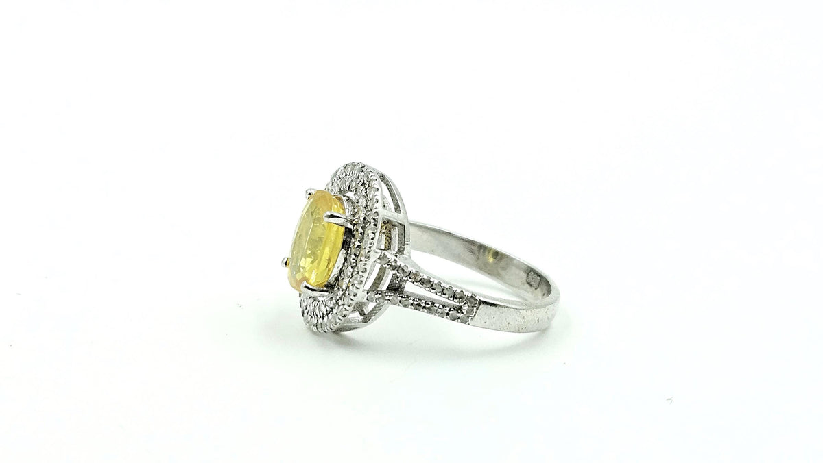 Oval Yellow Sapphire Double-Halo Diamond Ring – 925 Sterling Silver, 18K White Gold Vermeil