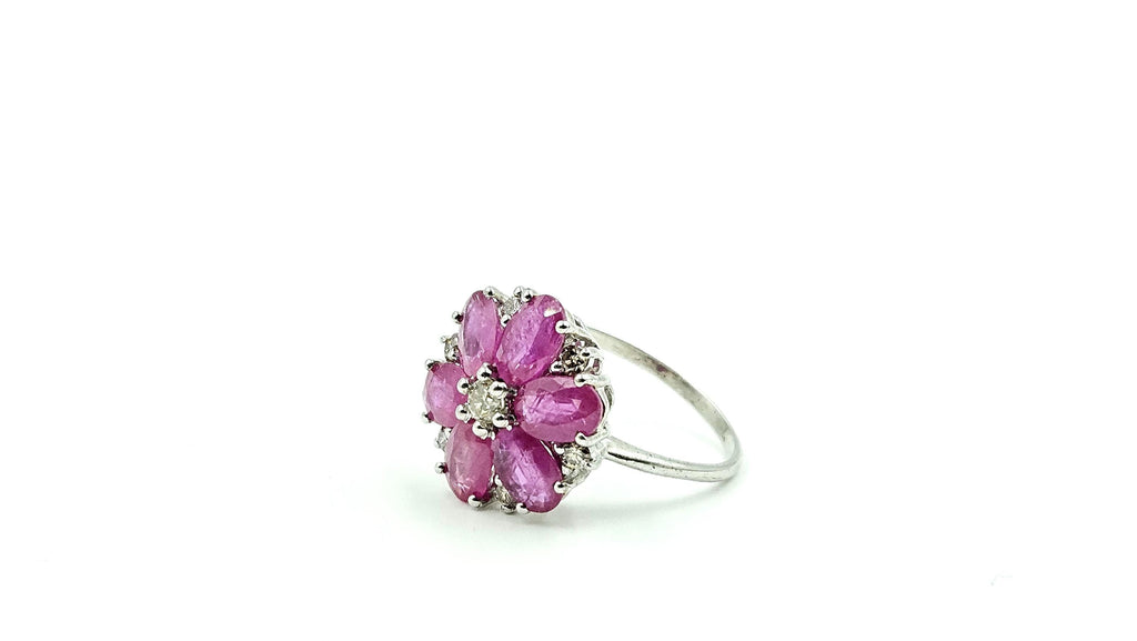 Oval Ruby Flower Cluster Ring with Diamond Centre – 925 Sterling Silver, 18K White Gold Vermeil