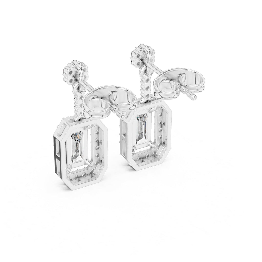 Emerald-Cut Moissanite Octagon Halo Drop Earrings – 925 Sterling Silver, 18K Gold Vermeil