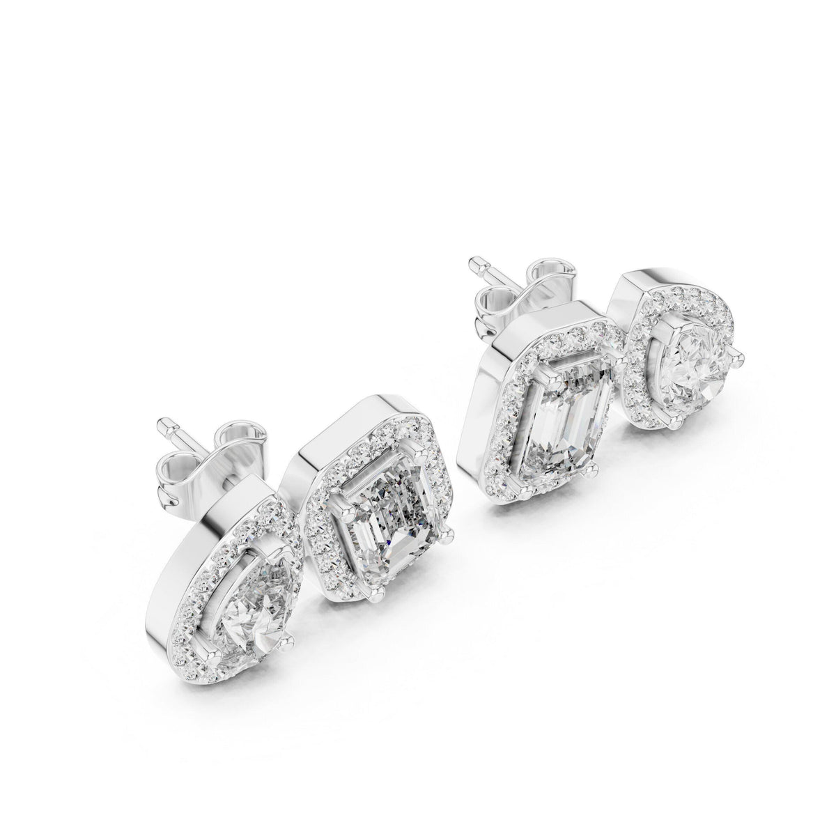 Pear & Emerald-Cut Moissanite Halo Toi et Moi Stud Earrings – 925 Sterling Silver, 18K Gold Vermeil