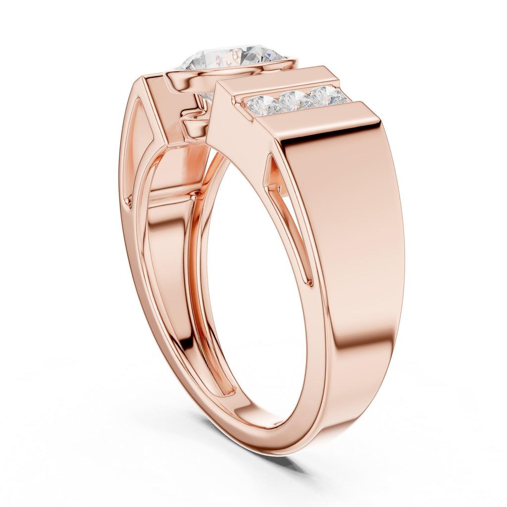 Men's Round Moissanite Ring with Pavé Side Panel – 925 Sterling Silver, 18K Gold Vermeil