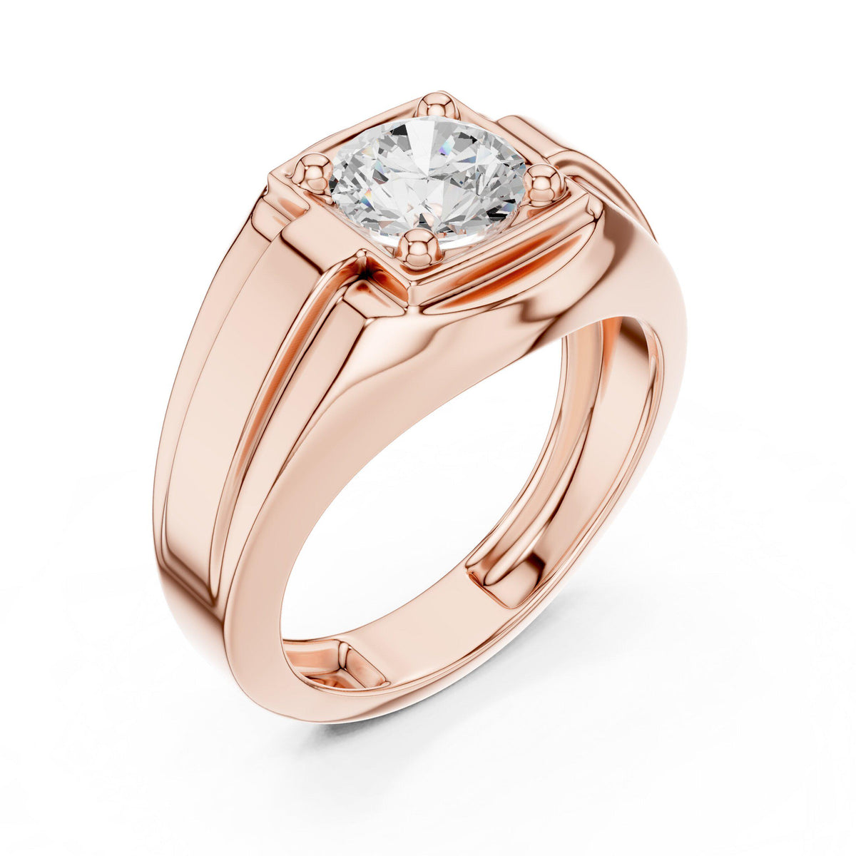 Men's Round Moissanite Signet Ring with Stepped Shoulders – 925 Sterling Silver, 18K Gold Vermeil