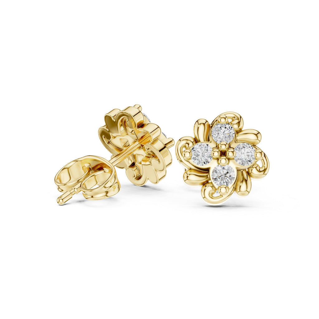 Moissanite Scroll Flower Stud Earrings – 925 Sterling Silver, 18K Gold Vermeil