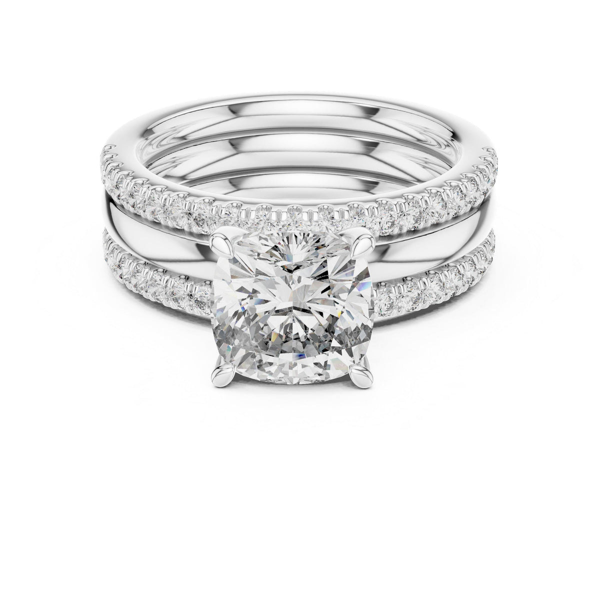 Cushion Moissanite Ring with Stacked Triple Band, 8mm – 925 Sterling Silver, 18K Gold Vermeil