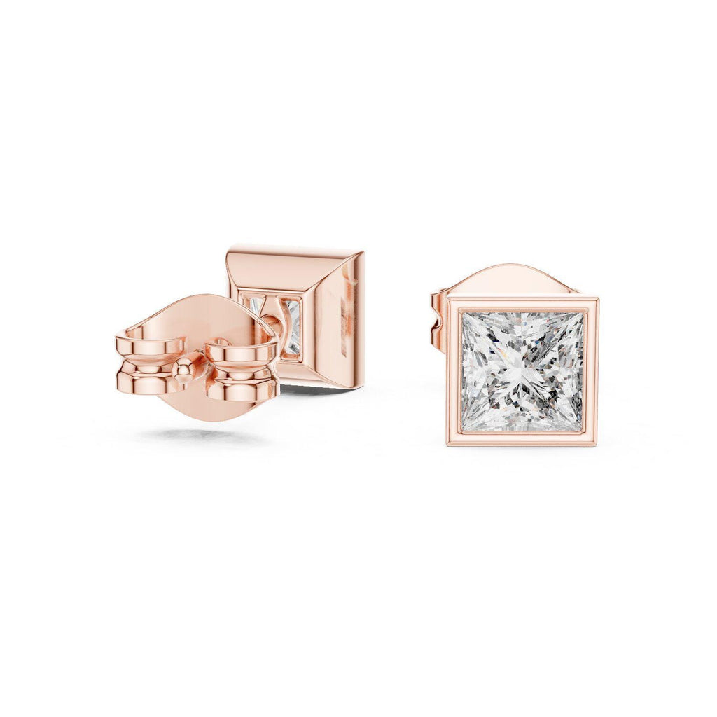 Princess Moissanite Bezel Stud Earrings – 925 Sterling Silver, 18K Gold Vermeil