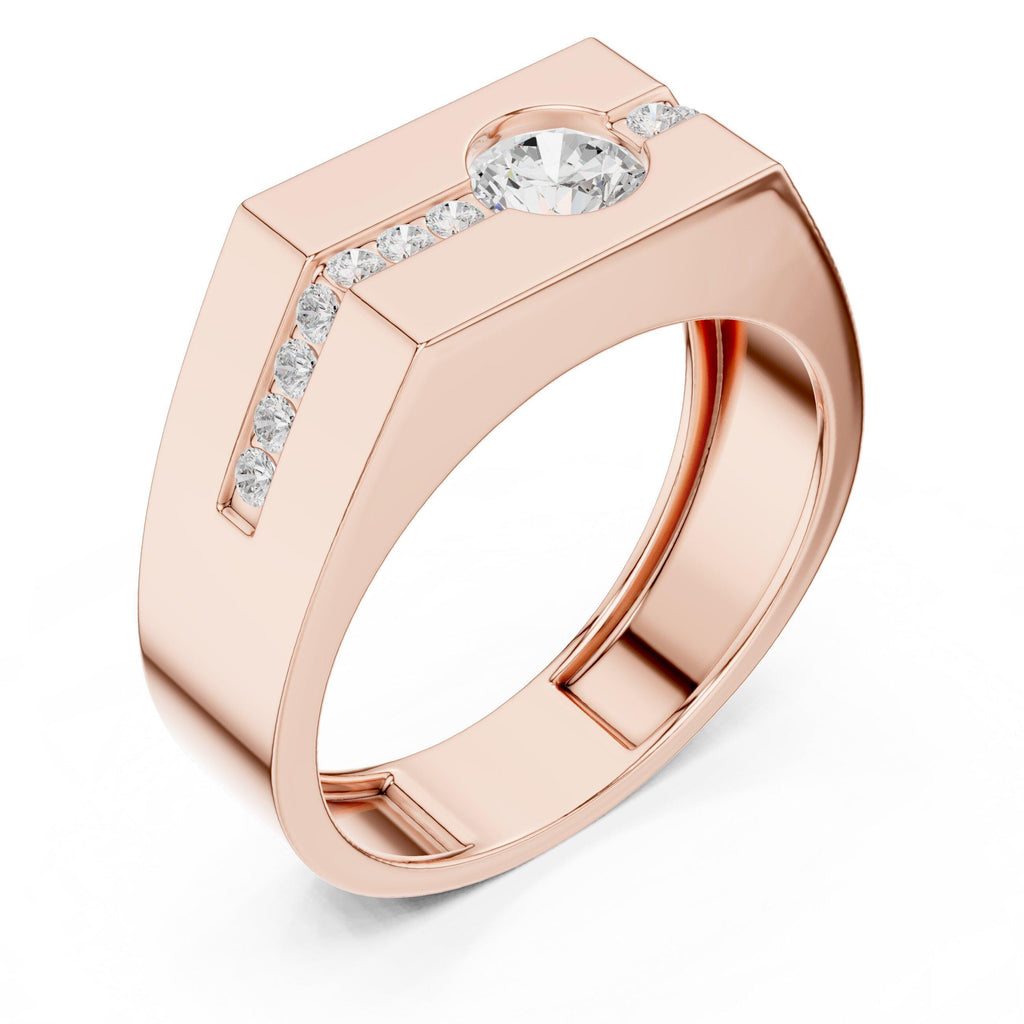 Men's Round Moissanite Ring with Channel Strip, Hexagon Top – 925 Sterling Silver, 18K Gold Vermeil