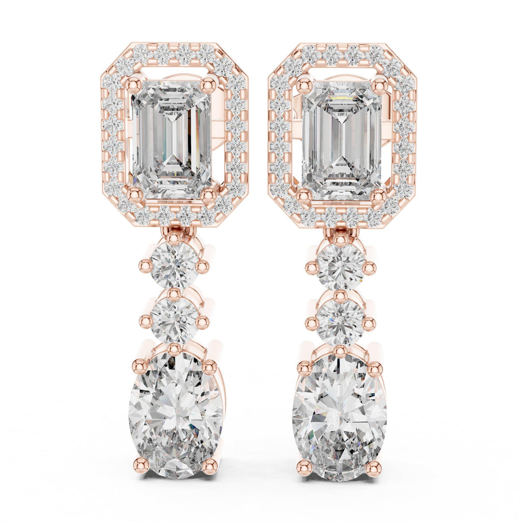 Emerald-Cut & Oval Moissanite Halo Drop Earrings – 925 Sterling Silver, 18K Gold Vermeil