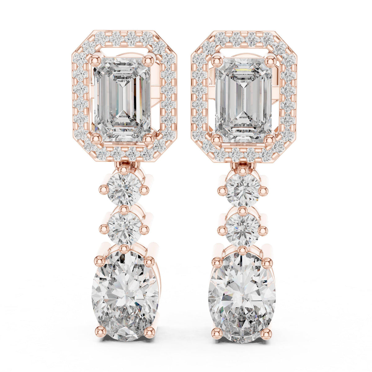 Emerald-Cut & Oval Moissanite Halo Drop Earrings – 925 Sterling Silver, 18K Gold Vermeil