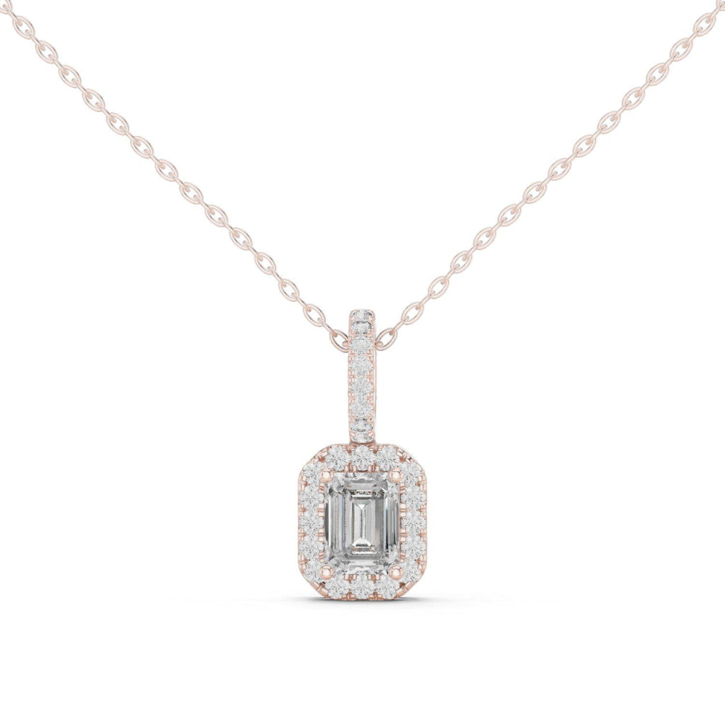 Emerald-Cut Moissanite Halo Pendant Necklace – 925 Sterling Silver, 18K Gold Vermeil