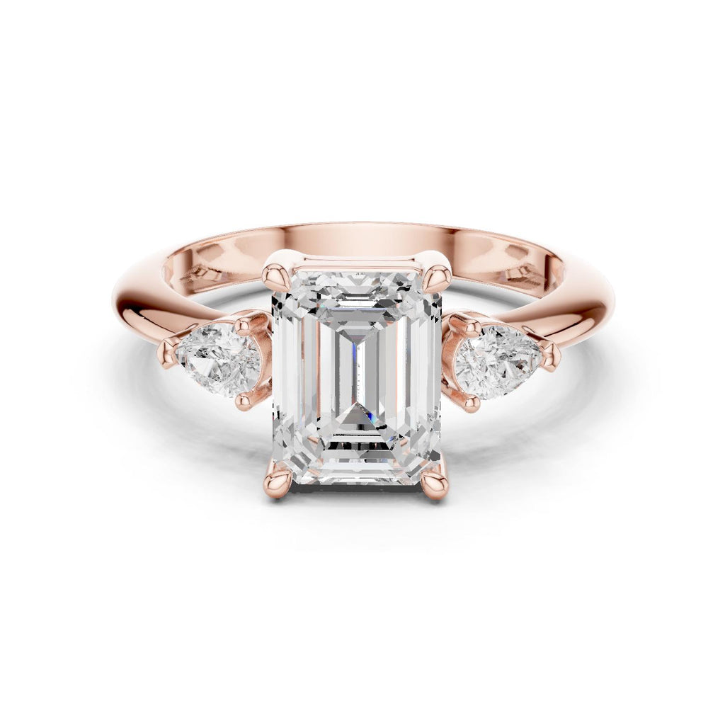 Emerald-Cut Moissanite Three-Stone Ring with Pear Side Stones – 925 Sterling Silver, 18K Gold Vermeil
