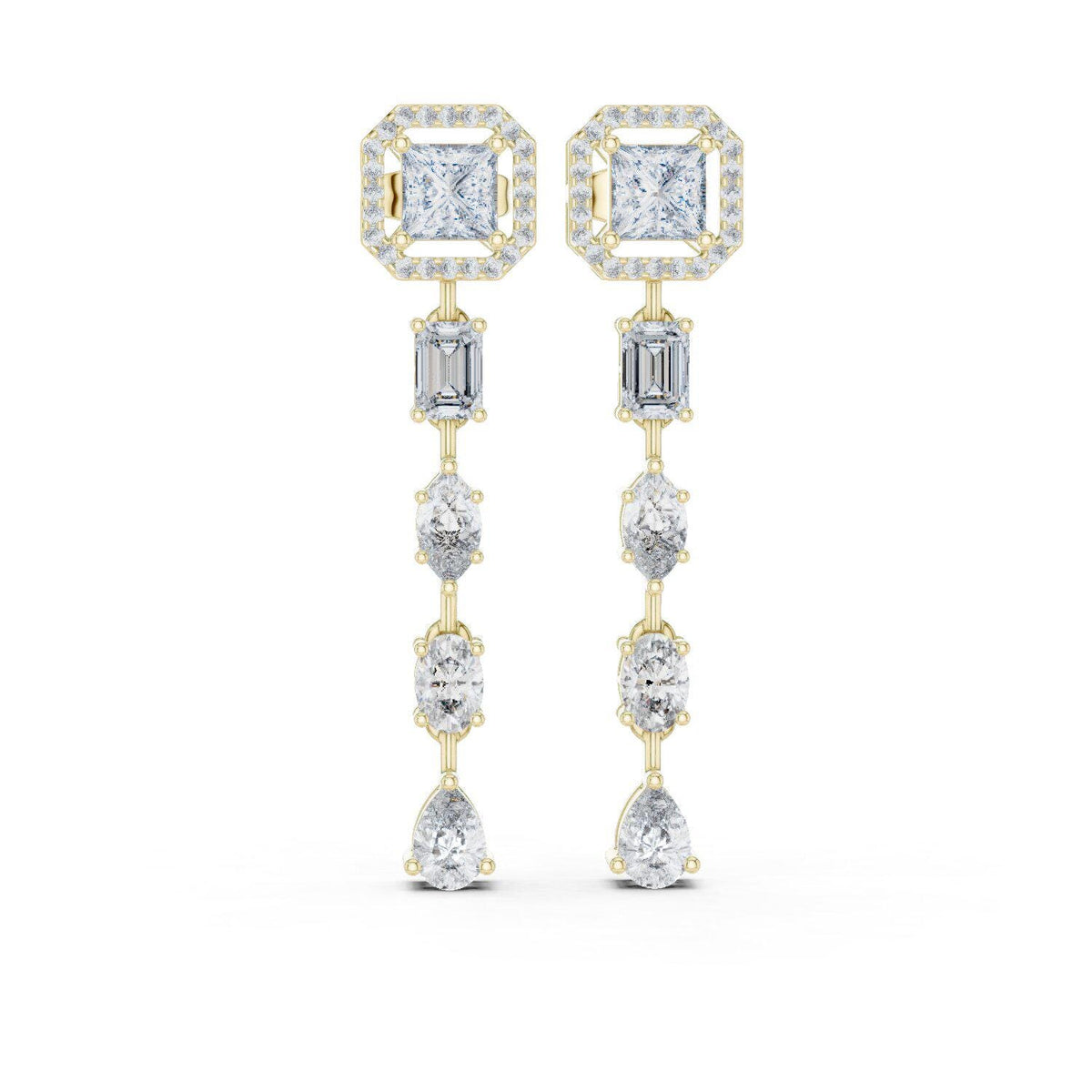 Princess Halo Moissanite Linear Drop Earrings – 925 Sterling Silver, 18K Rose Gold Vermeil
