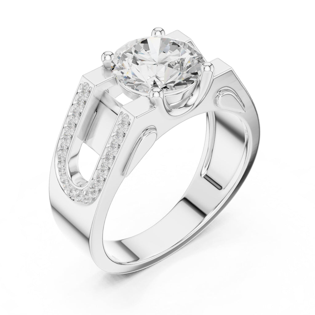 Men's Round Moissanite Ring with Pavé Horseshoe Shoulders – 925 Sterling Silver, 18K Gold Vermeil