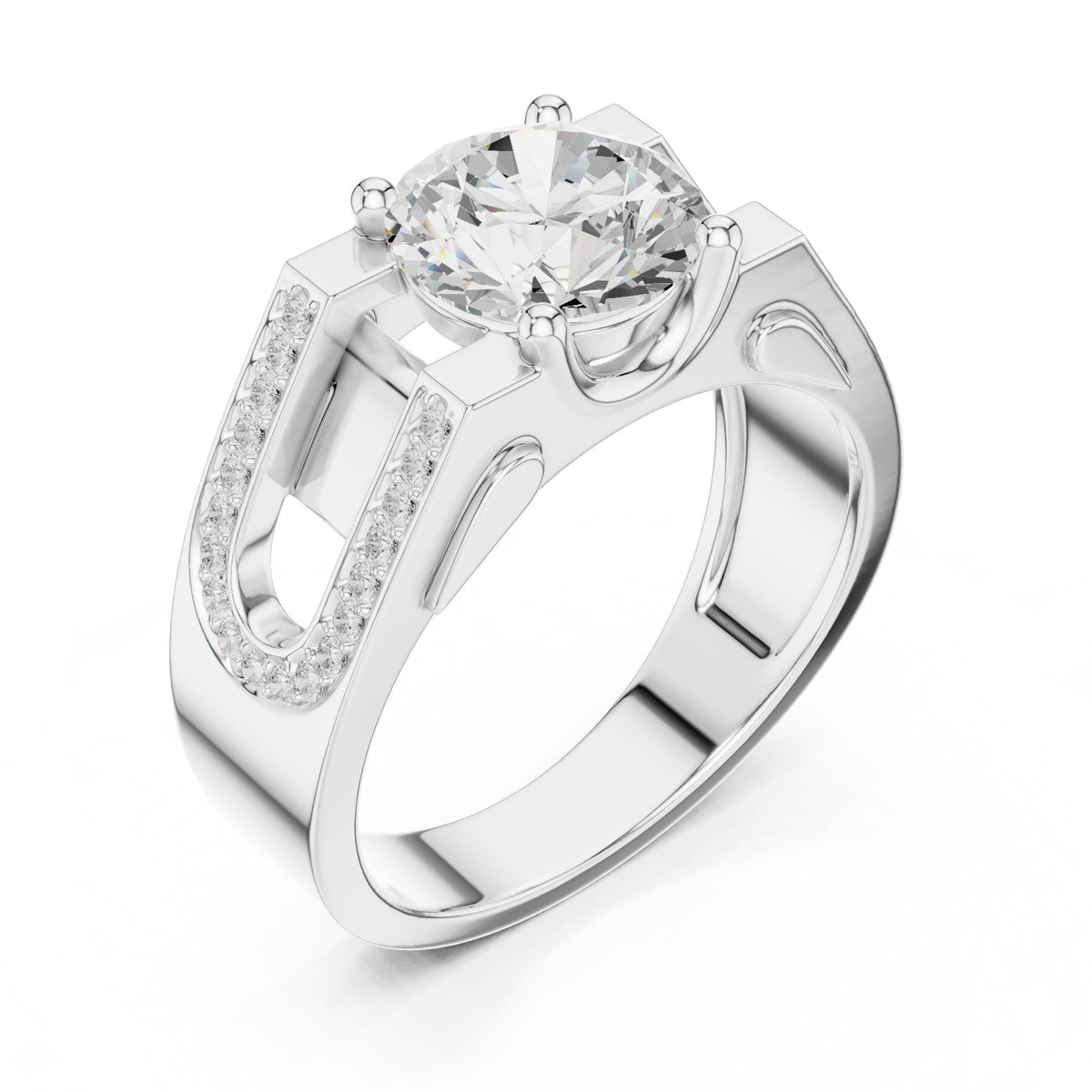 Men's Round Moissanite Ring with Pavé Horseshoe Shoulders – 925 Sterling Silver, 18K Gold Vermeil