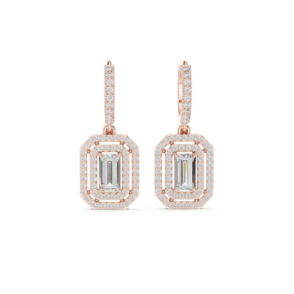 Emerald-Cut Moissanite Double-Halo Drop Earrings – 925 Sterling Silver, 18K Gold Vermeil