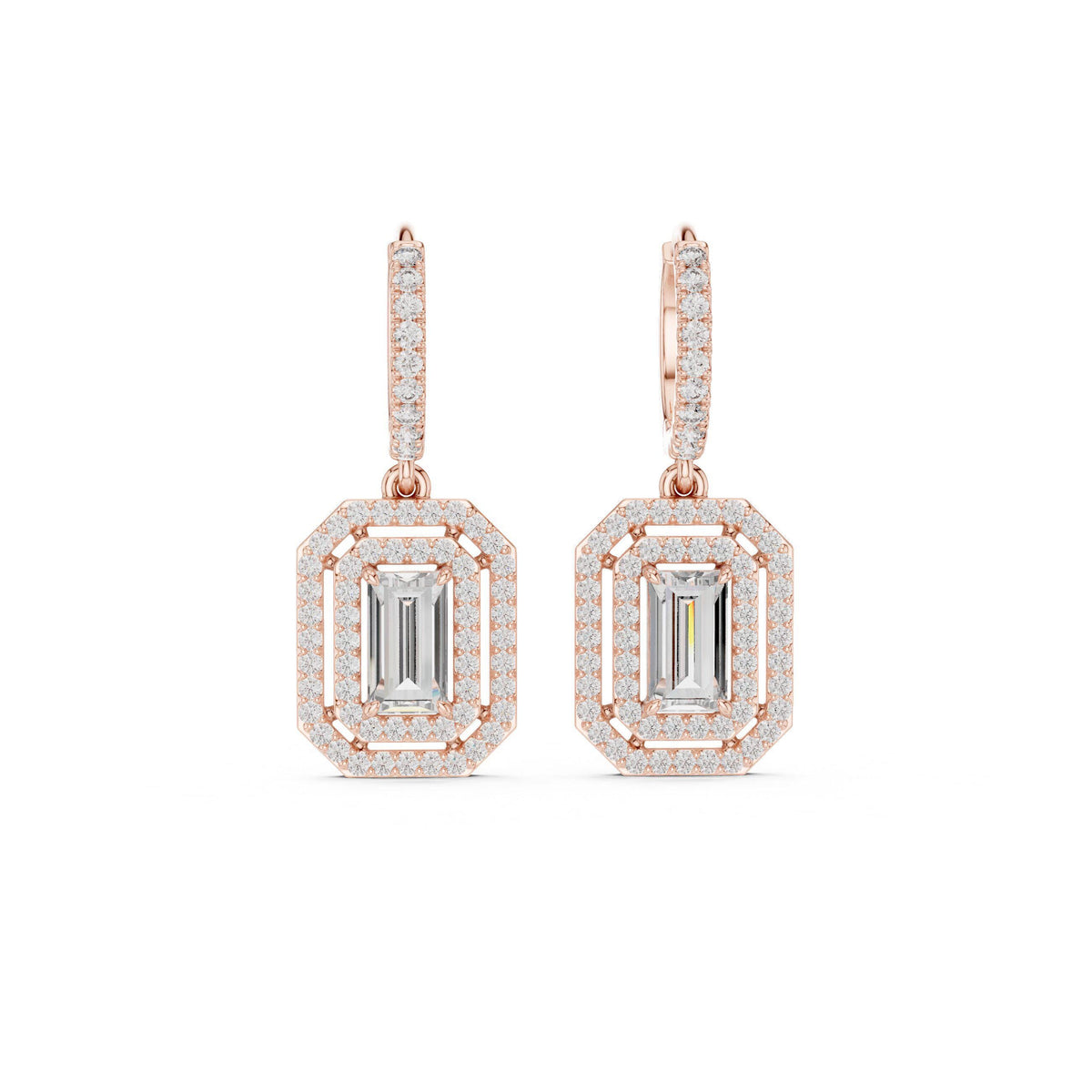 Emerald-Cut Moissanite Double-Halo Drop Earrings – 925 Sterling Silver, 18K Gold Vermeil