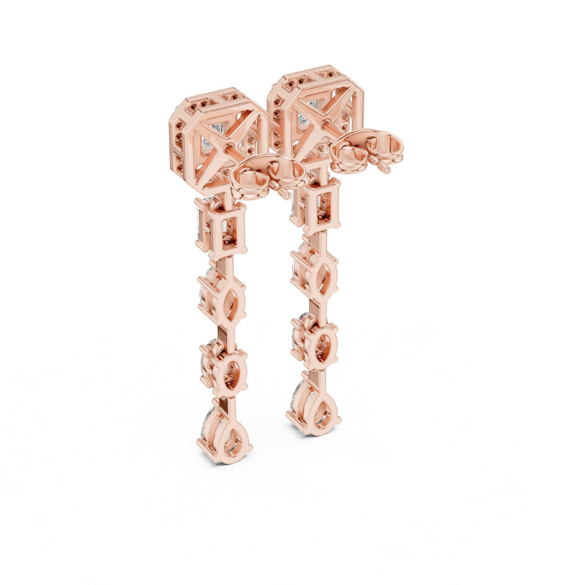 Princess Halo Moissanite Linear Drop Earrings – 925 Sterling Silver, 18K Rose Gold Vermeil