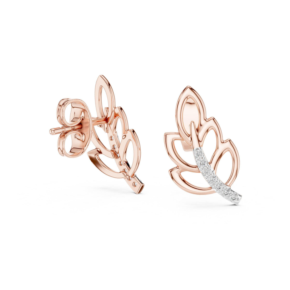 Moissanite Pavé Leaf Stud Earrings – 925 Sterling Silver, 18K Gold Vermeil