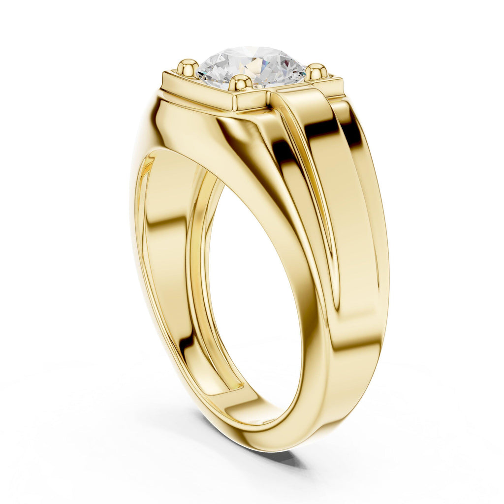 Men's Round Moissanite Signet Ring with Stepped Shoulders – 925 Sterling Silver, 18K Gold Vermeil