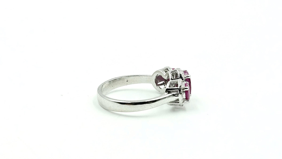 Three-Stone Oval Ruby & Diamond Halo Ring – 925 Sterling Silver, 18K White Gold Vermeil