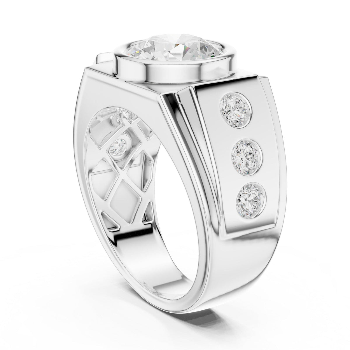 Men's Round Bezel-Set Moissanite Signet Ring with Side Stones – 925 Sterling Silver, 18K Gold Vermeil