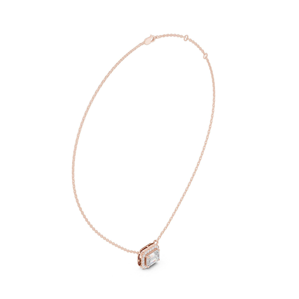 Emerald-Cut Moissanite East-West Halo Necklace – 925 Sterling Silver, 18K Gold Vermeil