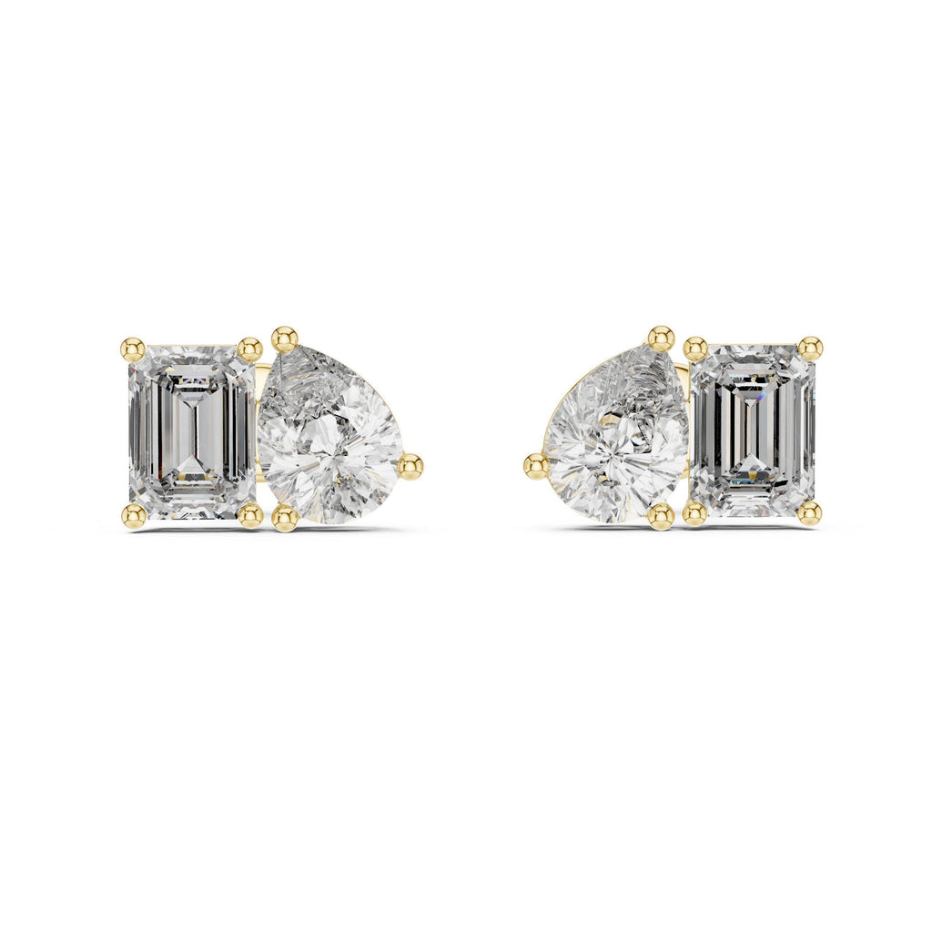 Heart & Emerald-Cut Moissanite Toi et Moi Stud Earrings – 925 Sterling Silver, 18K Gold Vermeil