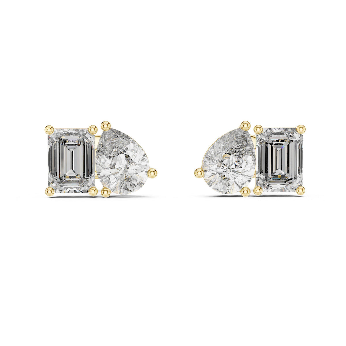 Heart & Emerald-Cut Moissanite Toi et Moi Stud Earrings – 925 Sterling Silver, 18K Gold Vermeil