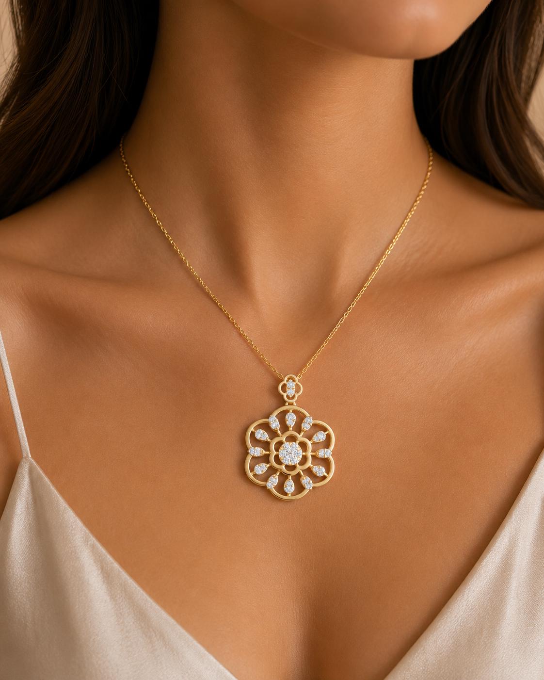 18K Gold Vermeil Floral Moissanite Pendant | 925 Silver Flower Necklace